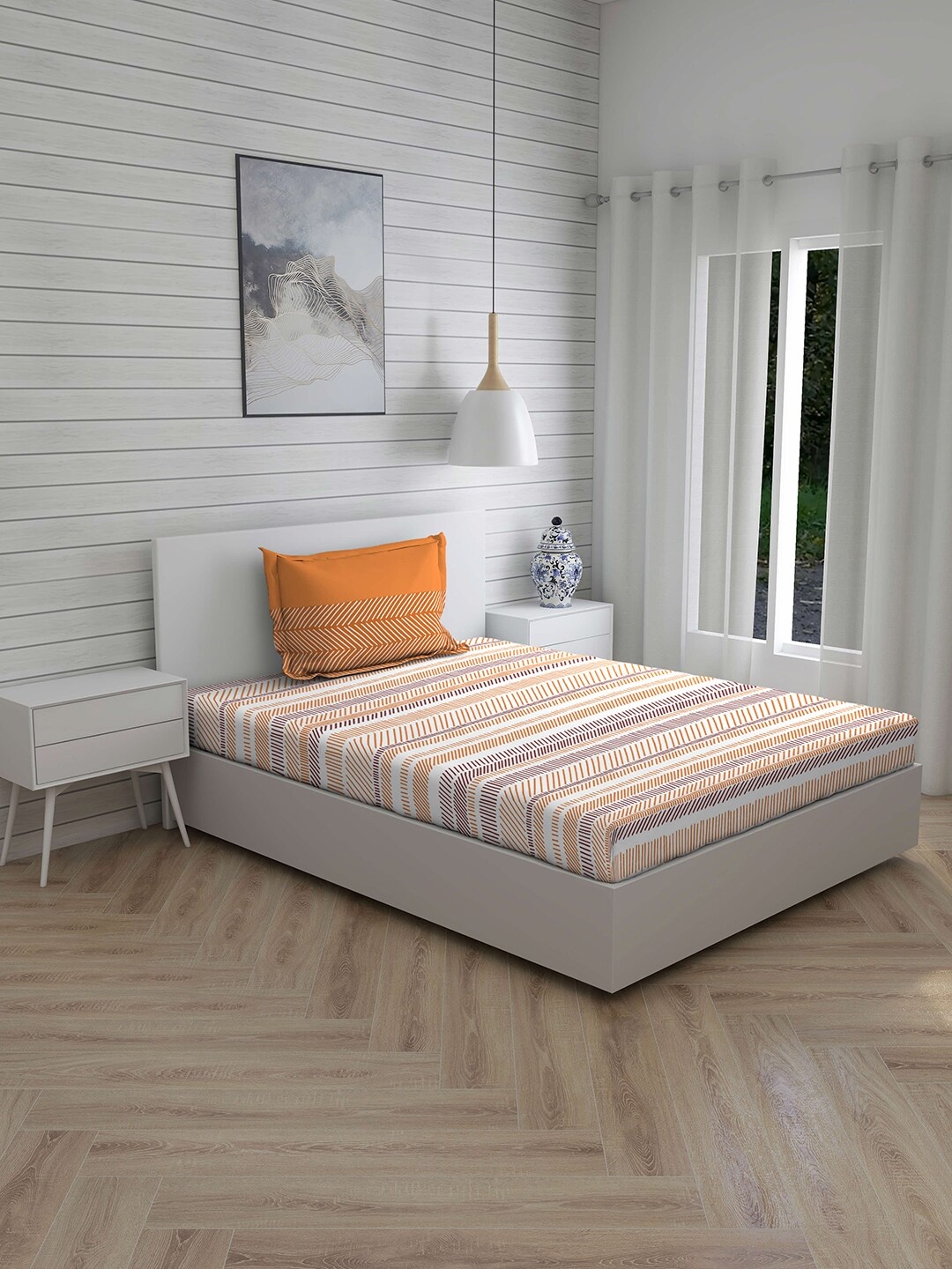 

Layers White & Brown Striped 144 TC Cotton 1 Single Bedsheet with 1 Pillow Covers