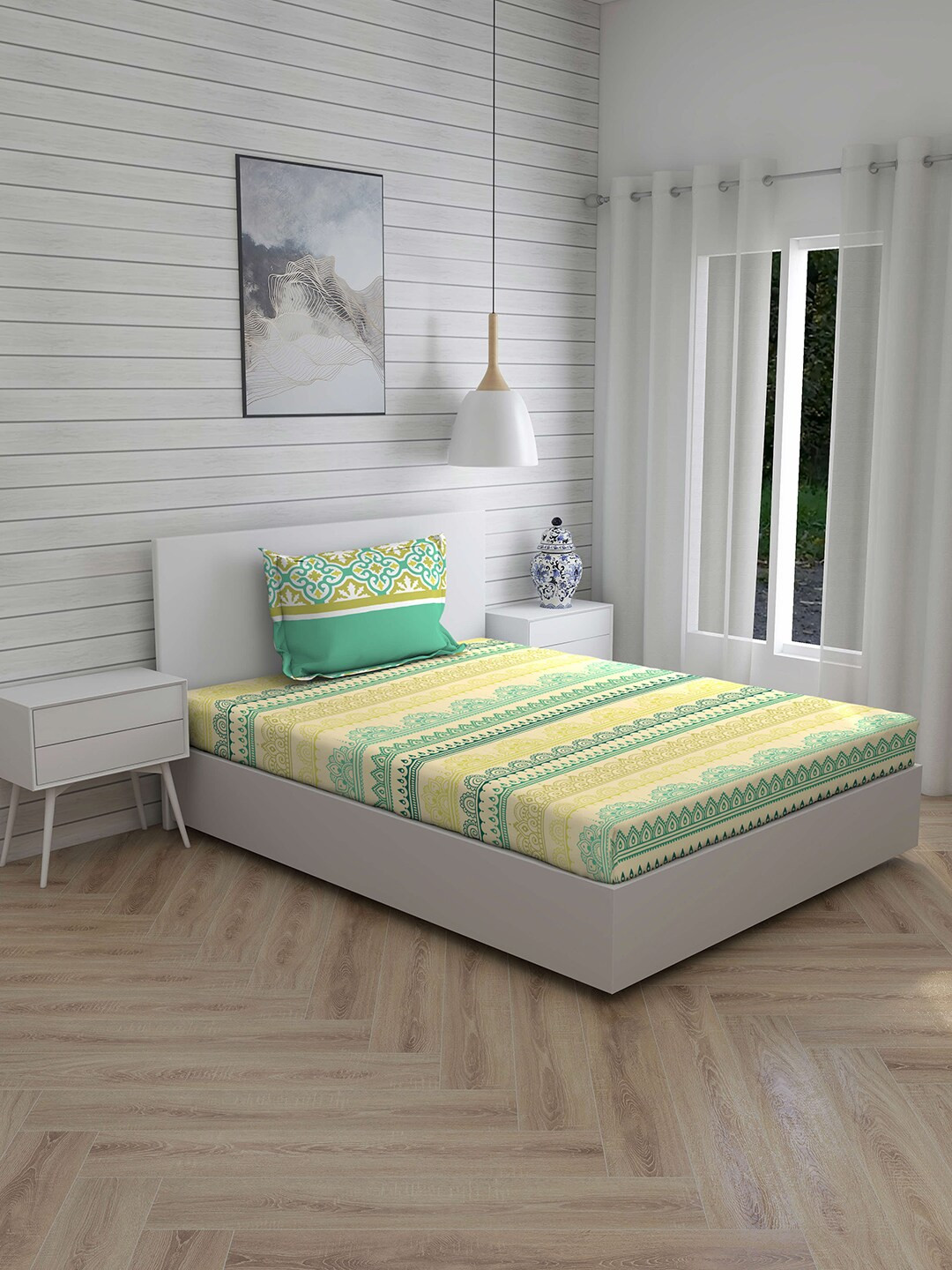 

Layers Yellow & Blue Ethnic Motifs 144 TC Cotton 1 Single Bedsheet with 1 Pillow Covers