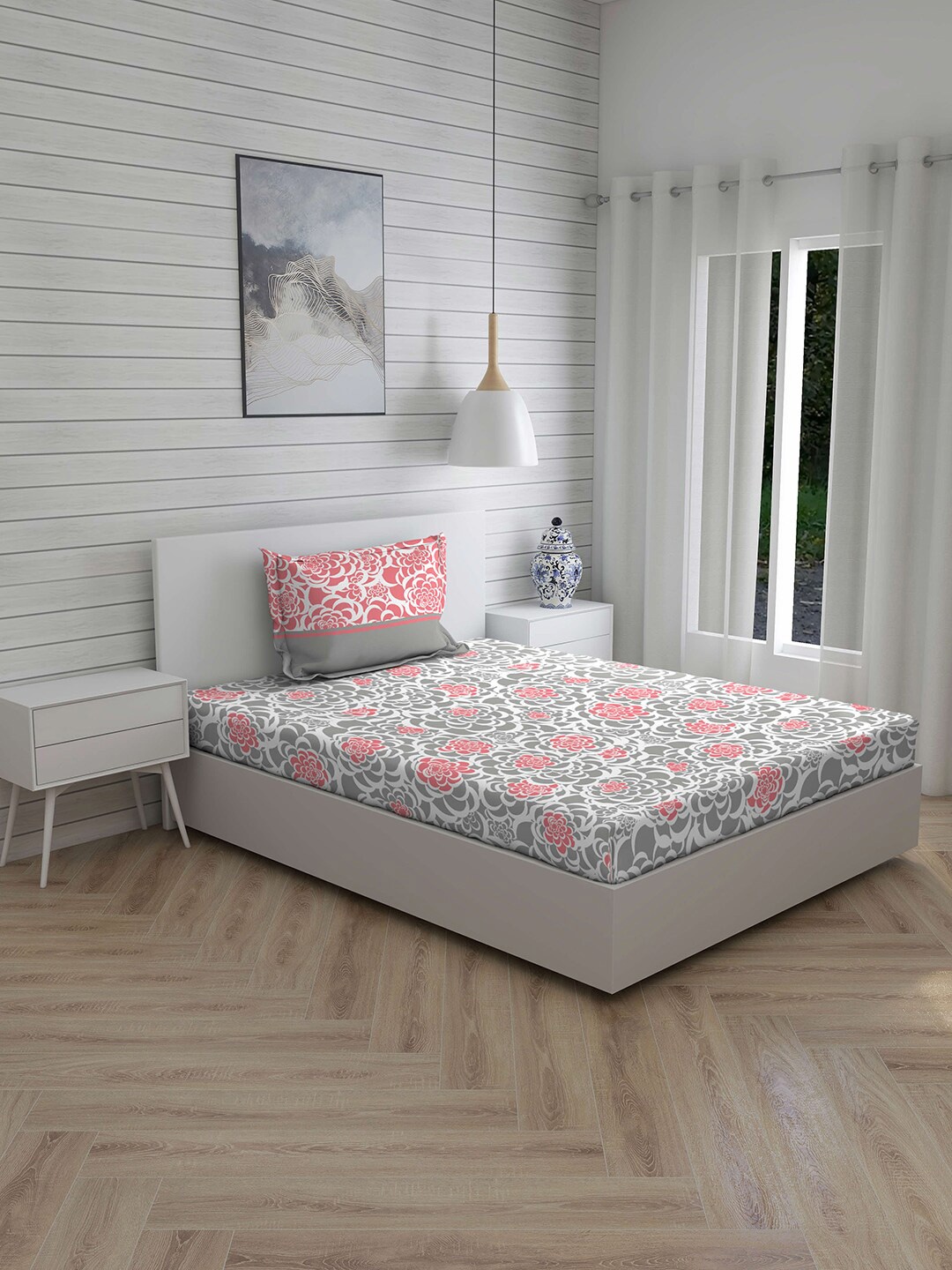 

Layers Grey & Pink Ethnic Motifs 144 TC Cotton 1 Single Bedsheet with 1 Pillow Covers