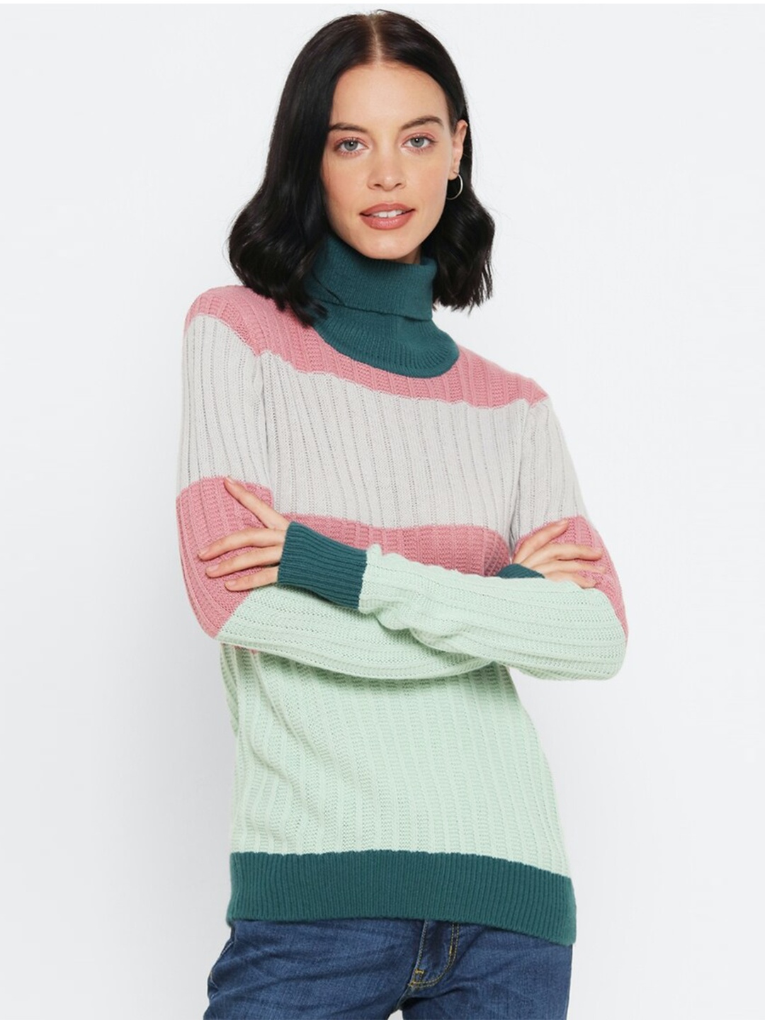 

FOREVER 21 Women White Colored Ribbed Turtle Neck Sweater