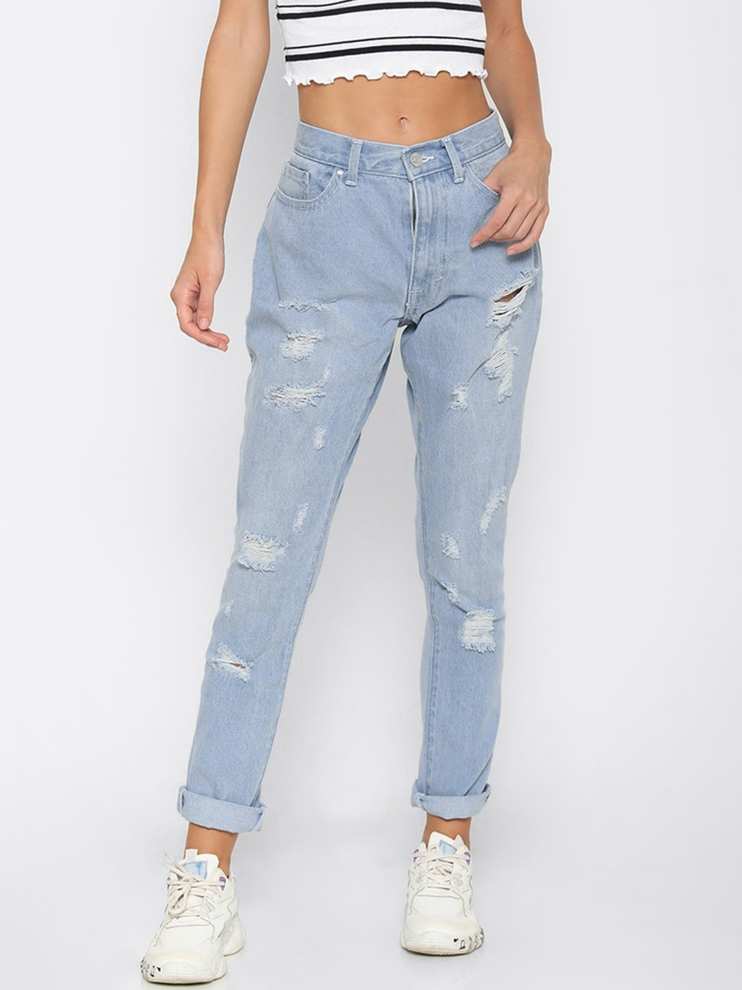 

FOREVER 21 Women Blue Regular Fit Mid-Rise Highly Distressed Cotton Jeans