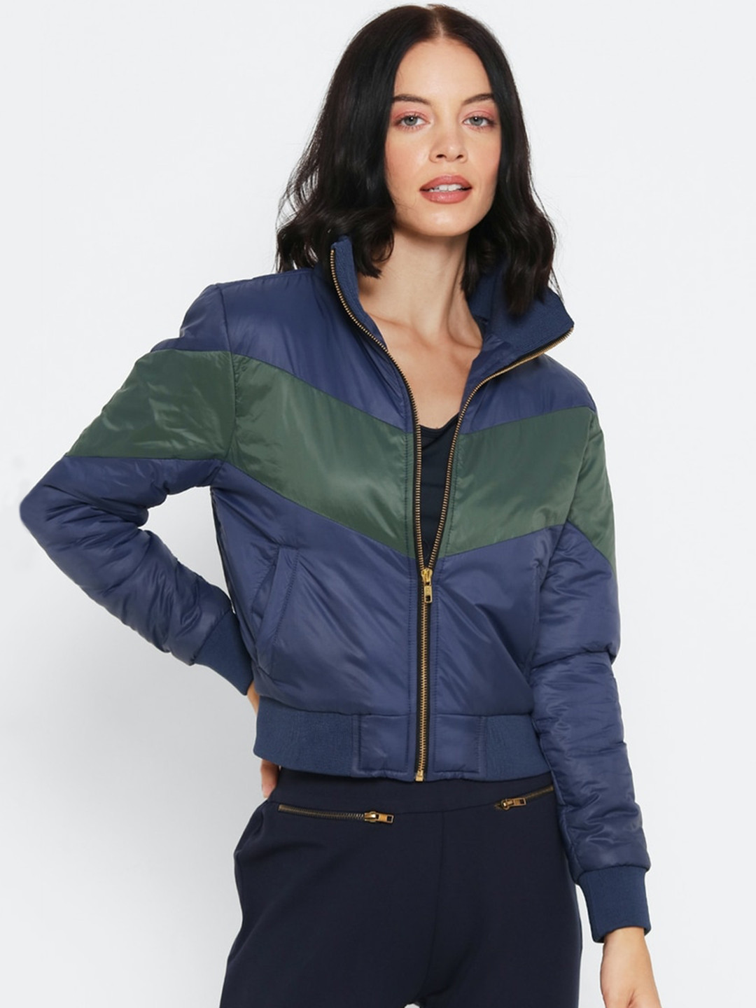

FOREVER 21 Women Navy Blue & Green Colourblocked Bomber