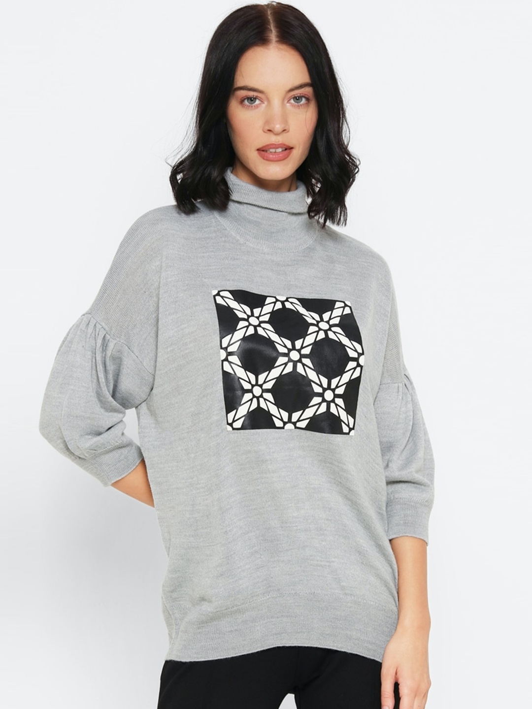 

FOREVER 21 Women Grey Melange Printed Pullover Sweater