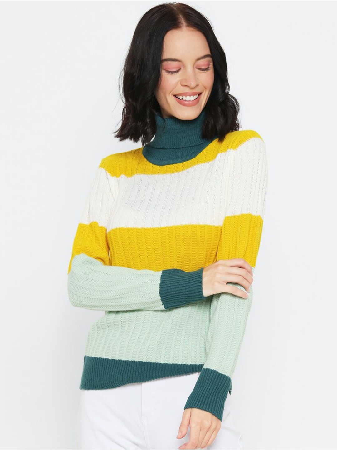

FOREVER 21 Women White Colourblocked Pullover Sweater