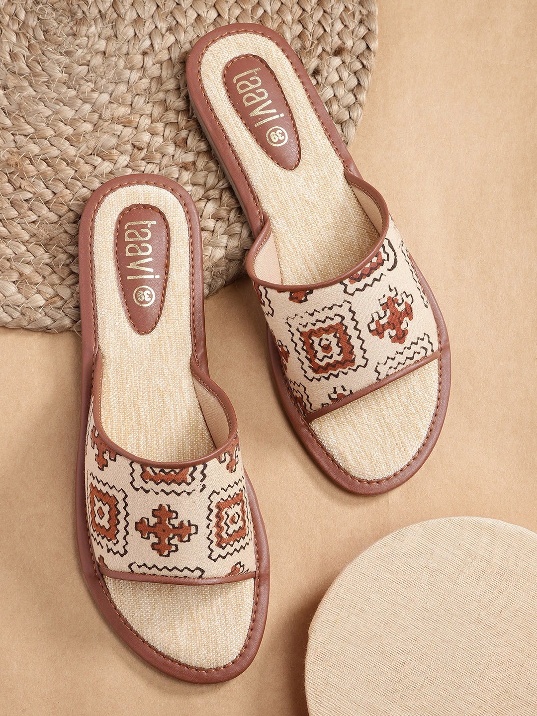

Taavi Women Beige & Rust Red Geometric Print Open Toe Flats