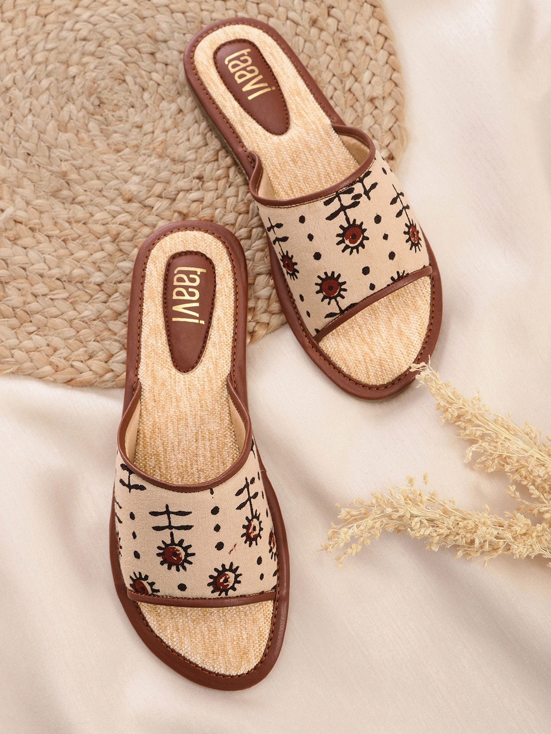 

Taavi Women Beige & Coffee Brown Floral Print Open Toe Flats