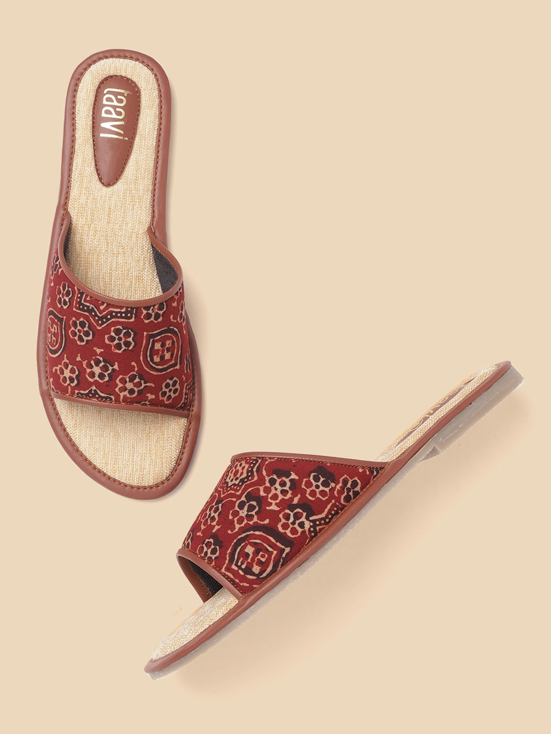 

Taavi Women Maroon & Coffee Brown Ethnic Motifs Print Open Toe Flats