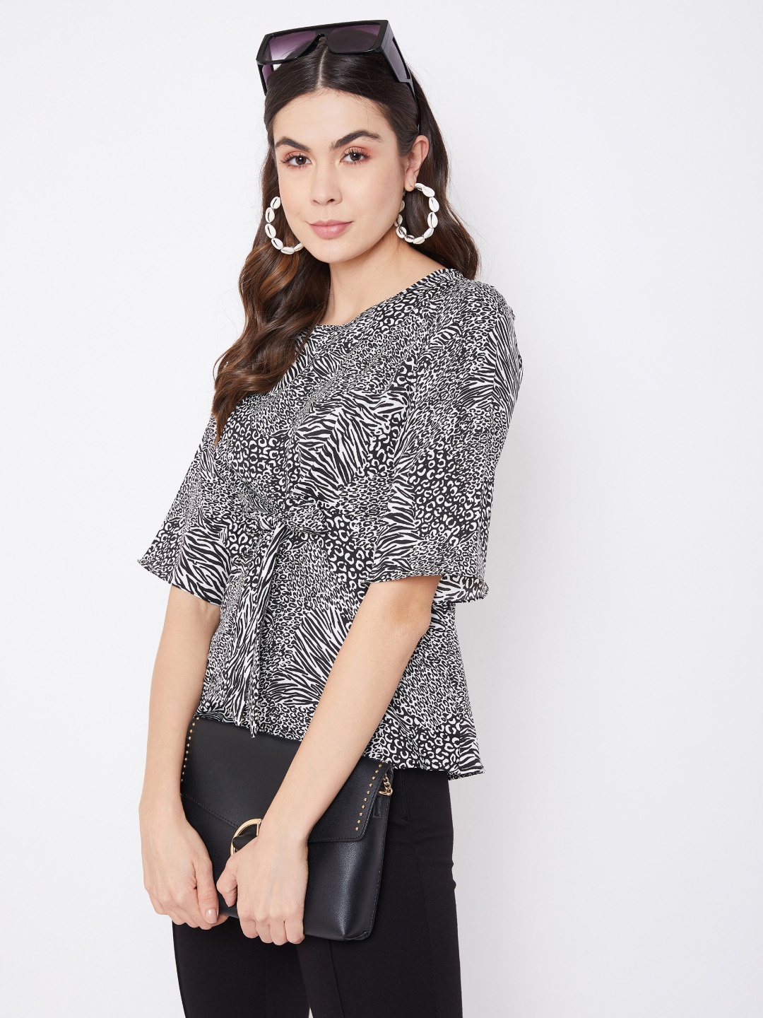 

Uptownie Lite Black Animal Printed Kimono Sleeves Crepe A-Line Top