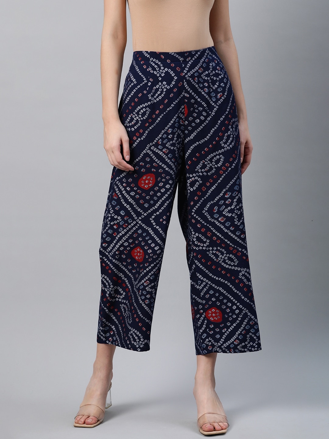 

Libas Women Blue & Red Bandhani Printed Wide Leg Palazzos