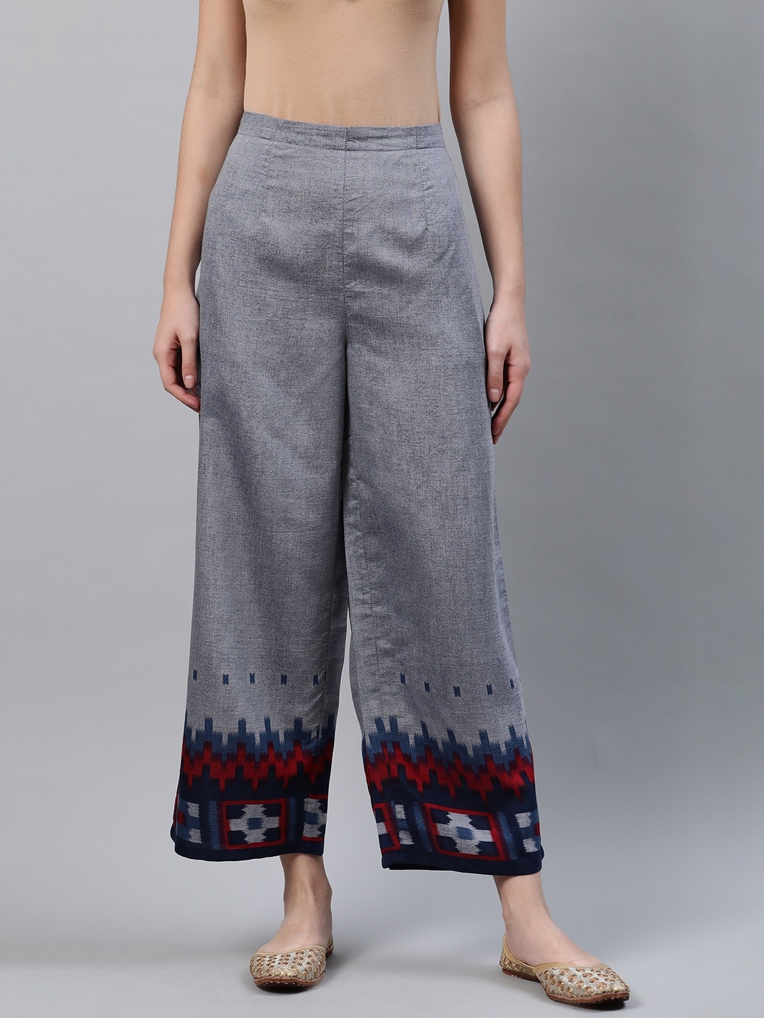 

Libas Women Grey & Blue Printed Straight Palazzos