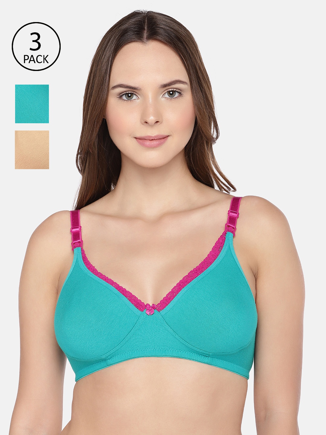 

Inner Sense Pack of 3 Blue & Beige Solid Non-Wired Non Padded Organic Maternity Bra