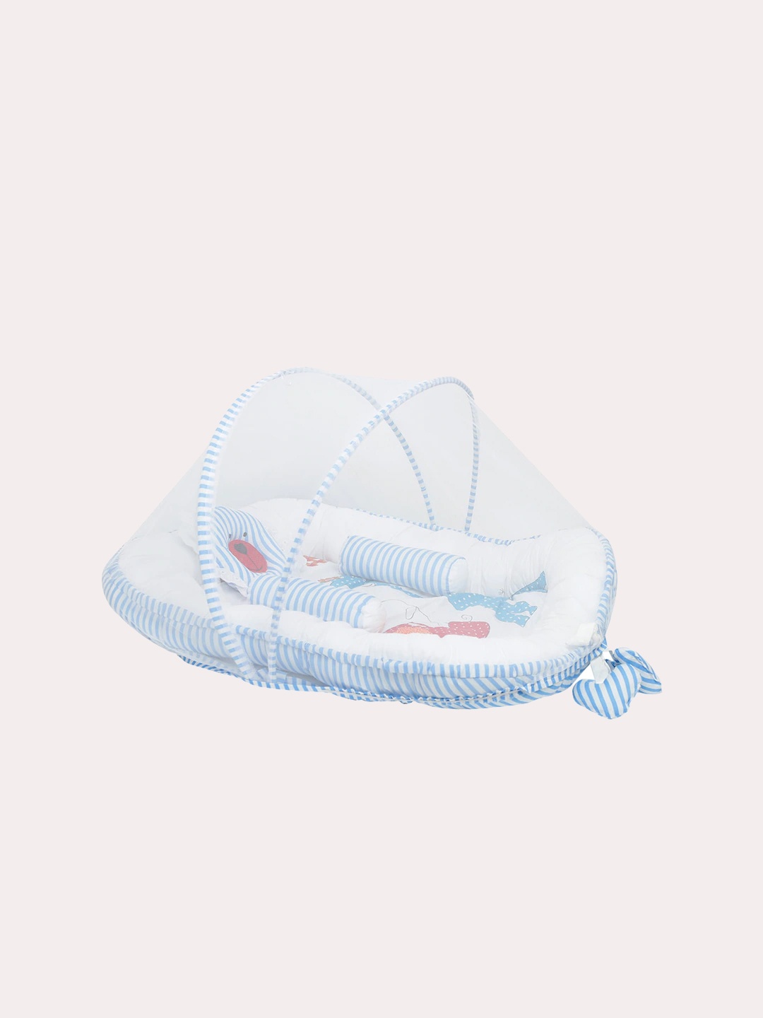 

Superminis Infant Kids Blue & White Cotton Bedding Set with Mosquito Net