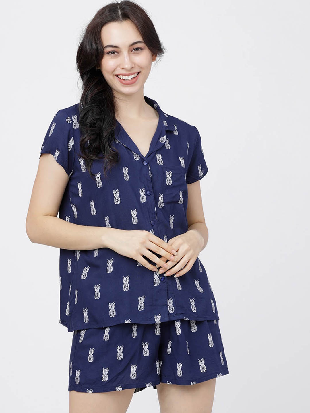 

Tokyo Talkies Women Navy Blue & White Printed Night Suit