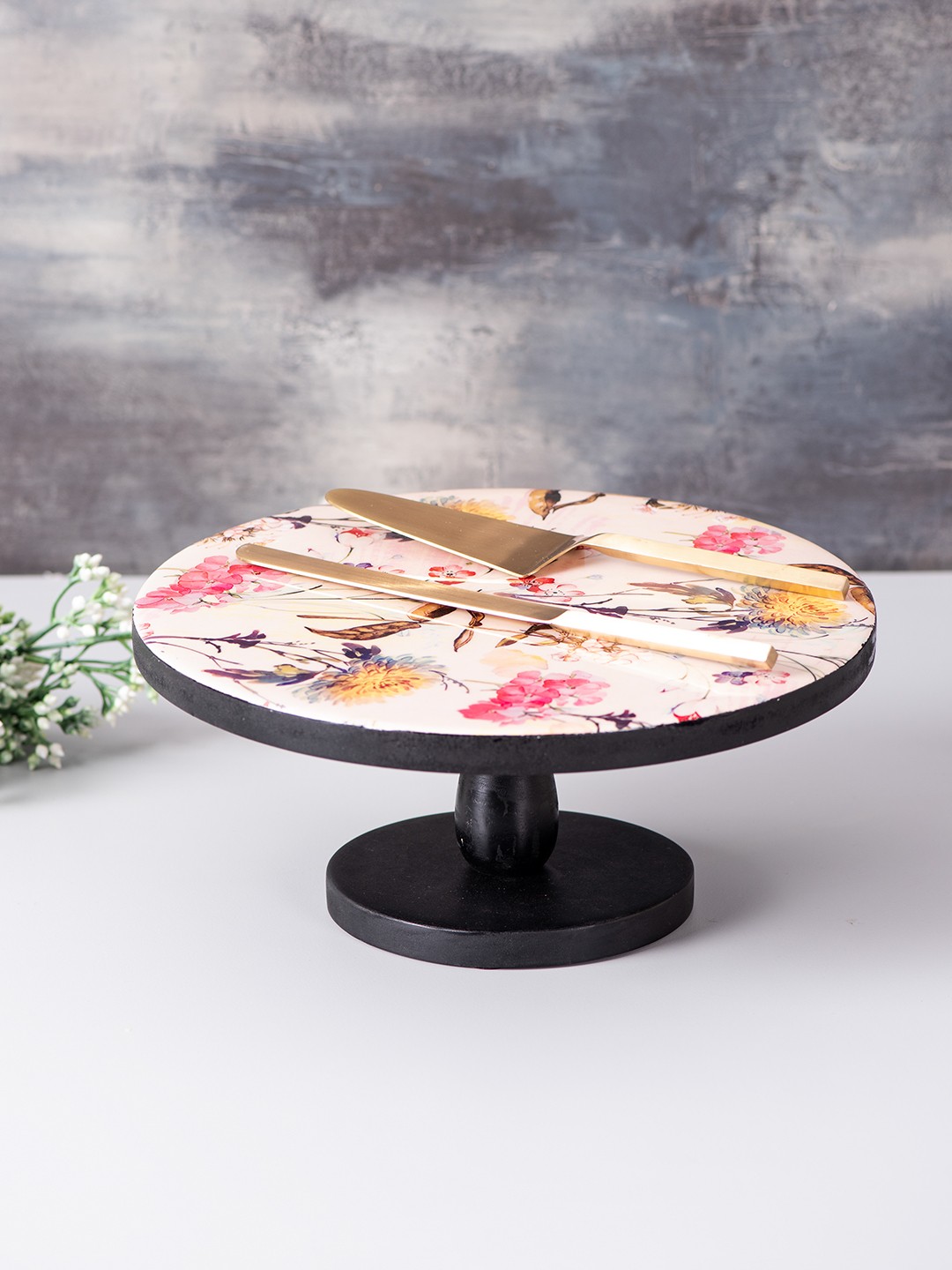 

nestroots Set of Multicoloured Printed MDF Cake Stand, Cake Servers & Knife, Multi