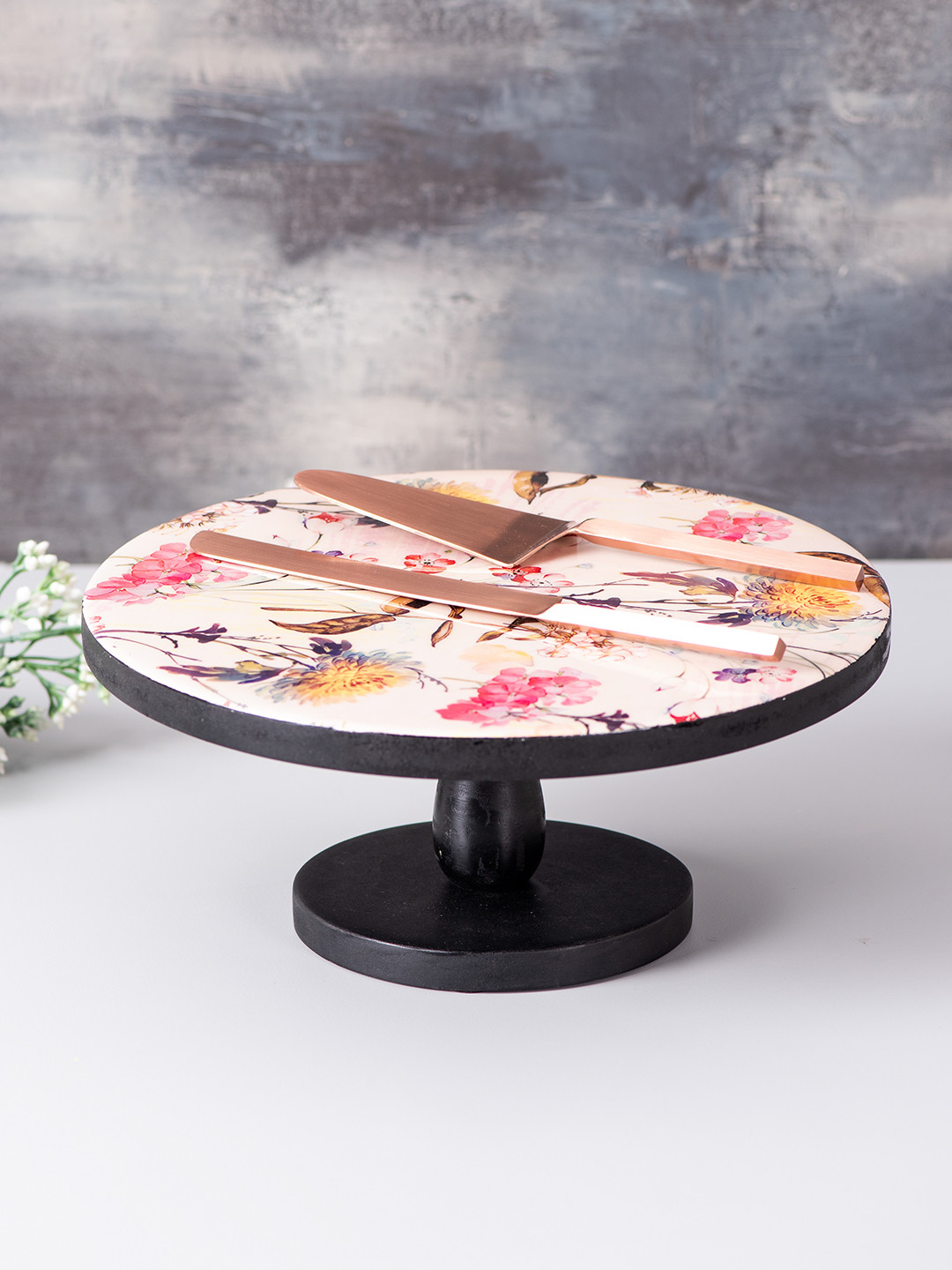 

nestroots Set of Multicoloured Printed MDF Cake Stand, Cake Server & Knife, Multi