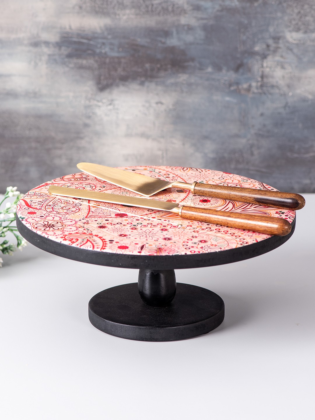 

nestroots Set of Multicoloured Printed MDF Cake Stand, Cake Servers & Knife, Multi