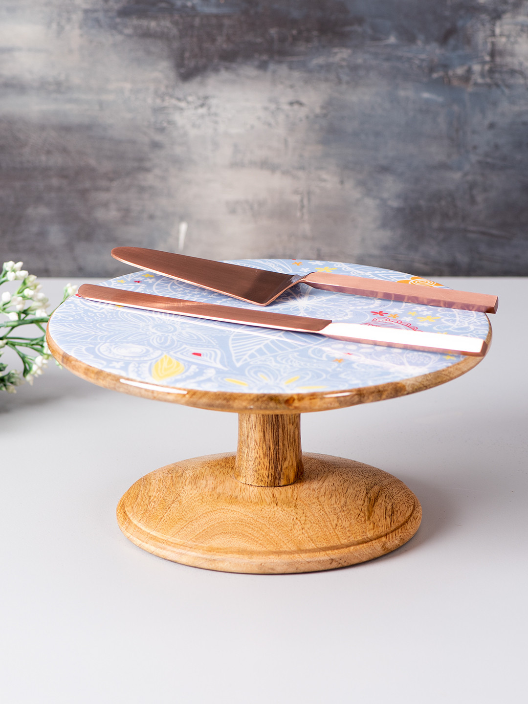 

nestroots Set Of 3 Blue & Brown Printed Cake Stand and Cake Server