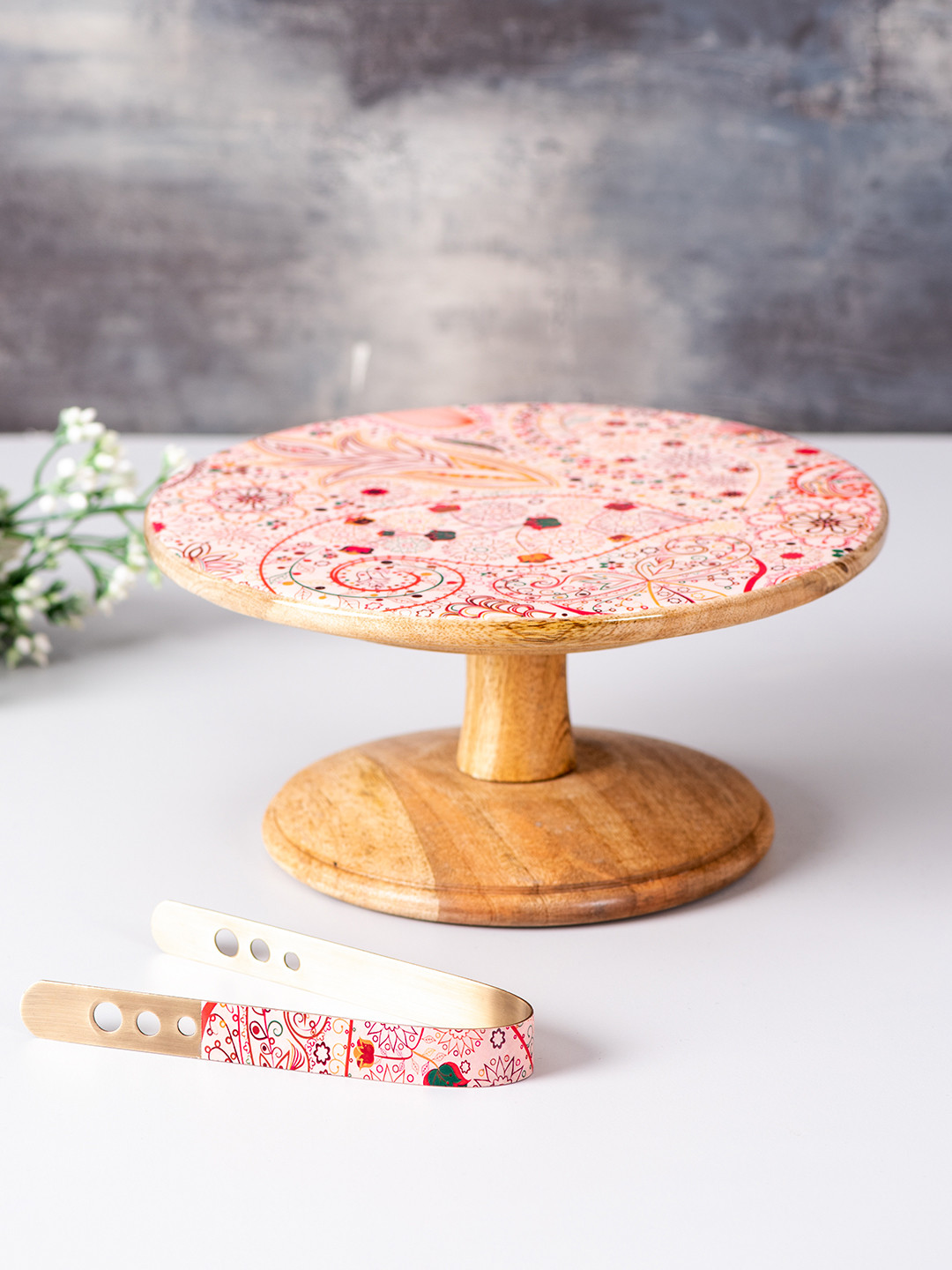 

nestroots Set of Multicoloured Printed Teak Wood Cake Stand & Tong, Multi