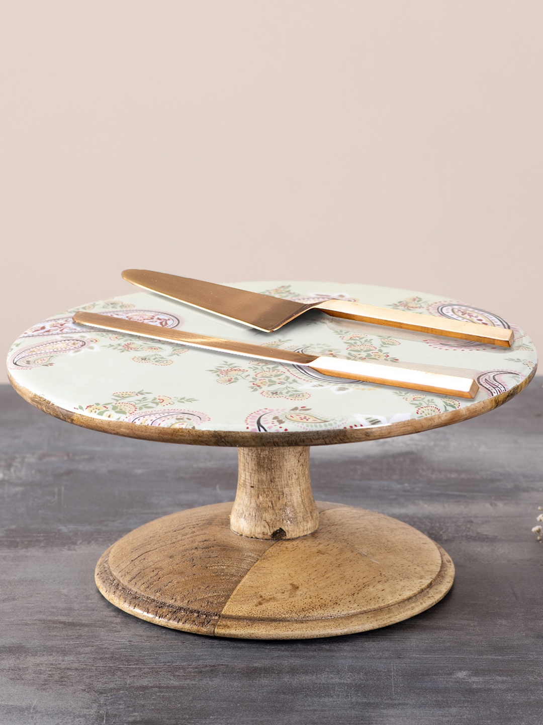 

nestroots Sea Green & Gold-Toned Printed Wooden Cake Stand With Knife & Server