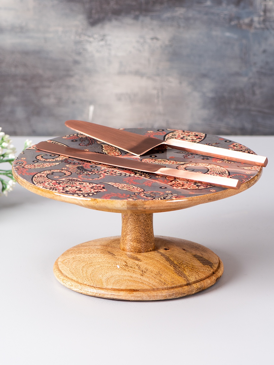

nestroots Grey & Beige Printed Wooden Cake Stand With Knife & Server