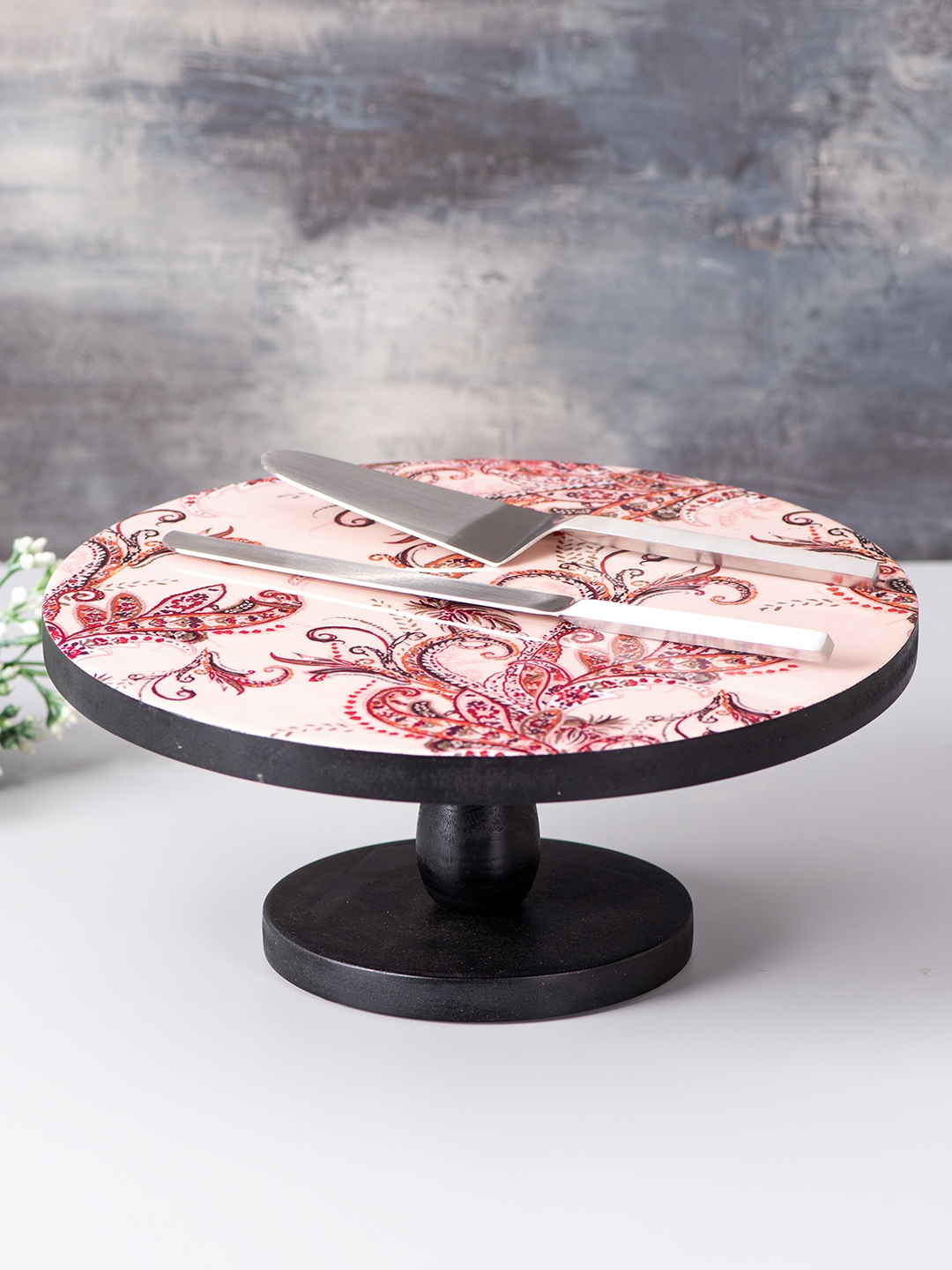 

nestroots Beige & Red 3 Pcs Printed Cake Stand, Cake Servers & Knife