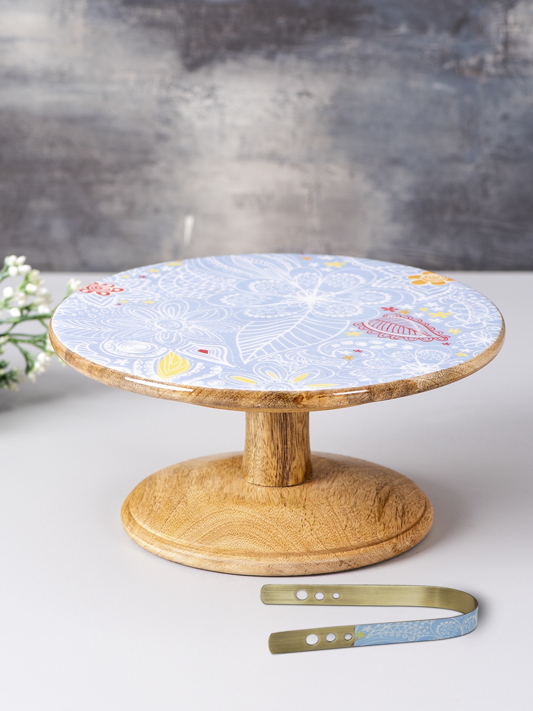 

nestroots Set of Brown & Blue Printed Mango Wood Cake Stand & Tong