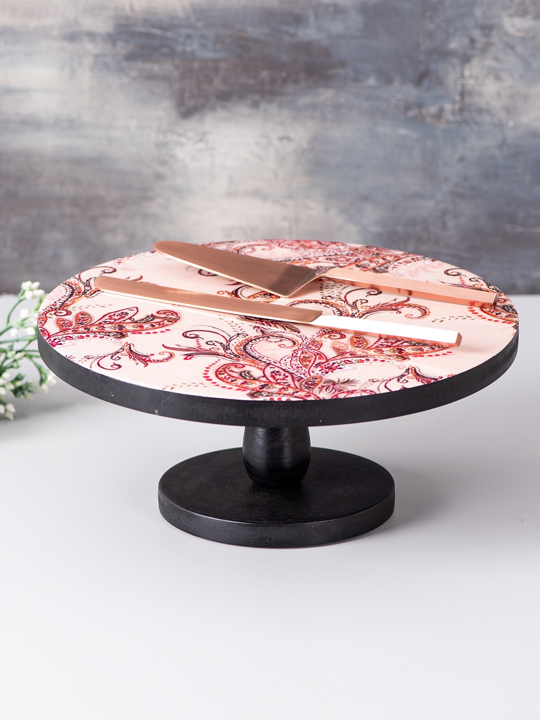 

nestroots Beige & Pink Printed Mango Wood Cake Stand, Cake Server & Knife