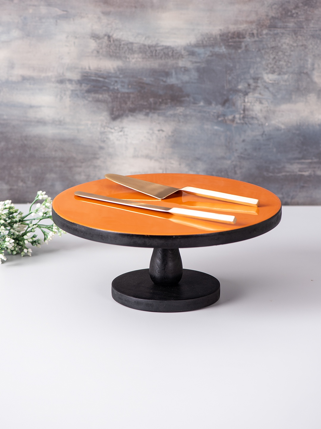 

nestroots Set of Brown & Gold-Toned Solid Cake Stand & Server & Knife