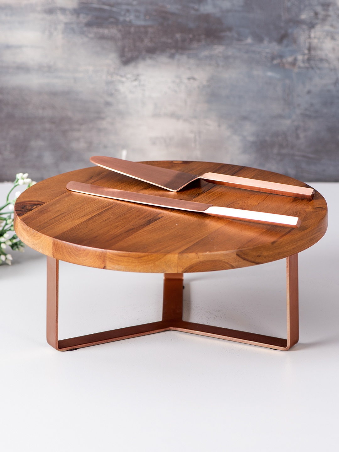 

nestroots Set of Brown & Copper-Toned Solid Teak Wood Cake Stand & Server & Knife