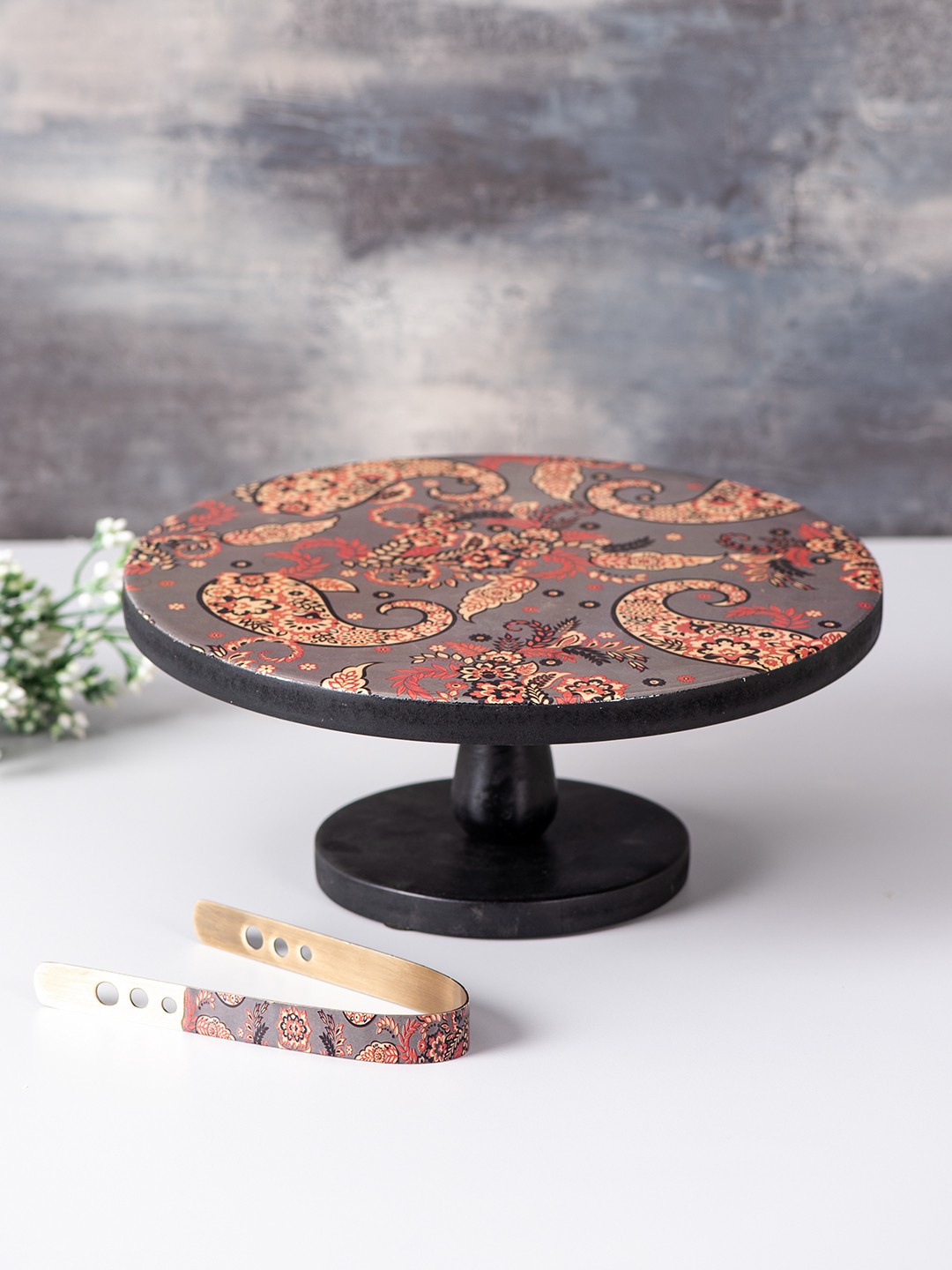 

nestroots Set of Multicoloured Printed Wooden Cake Stand & Tongs, Multi
