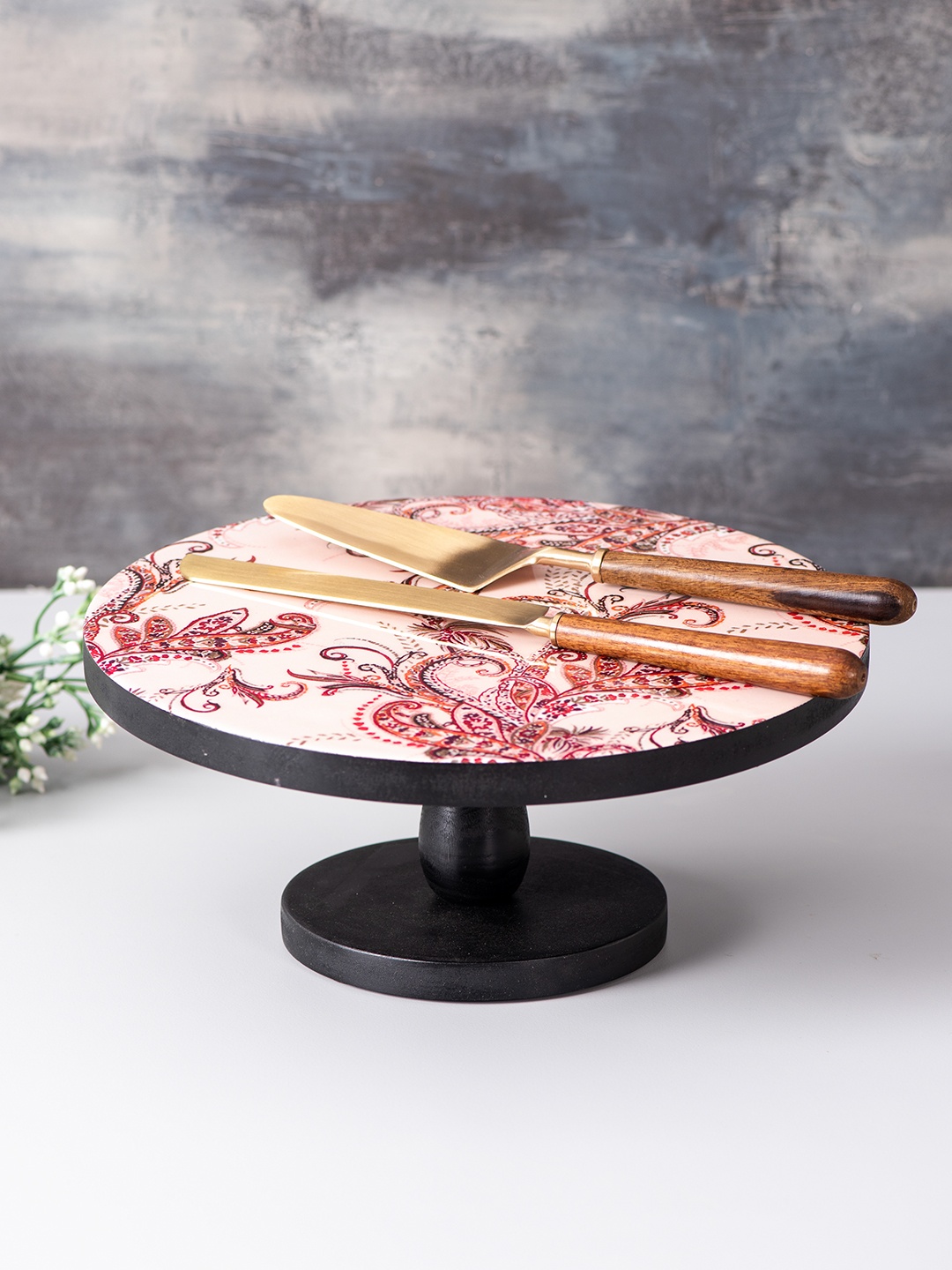 

nestroots Set of Multicoloured Printed Teak Wood Cake Stand, Server & Knife, Multi