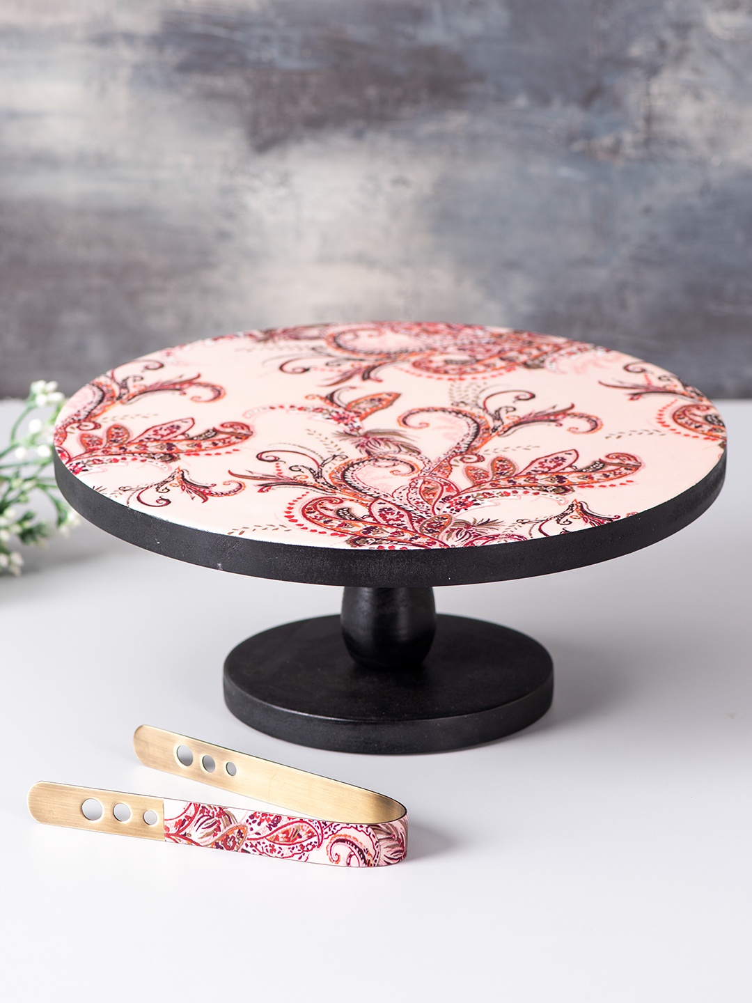 

nestroots Set of 2 Beige & Red Printed MDF Cake Stand & Tongs