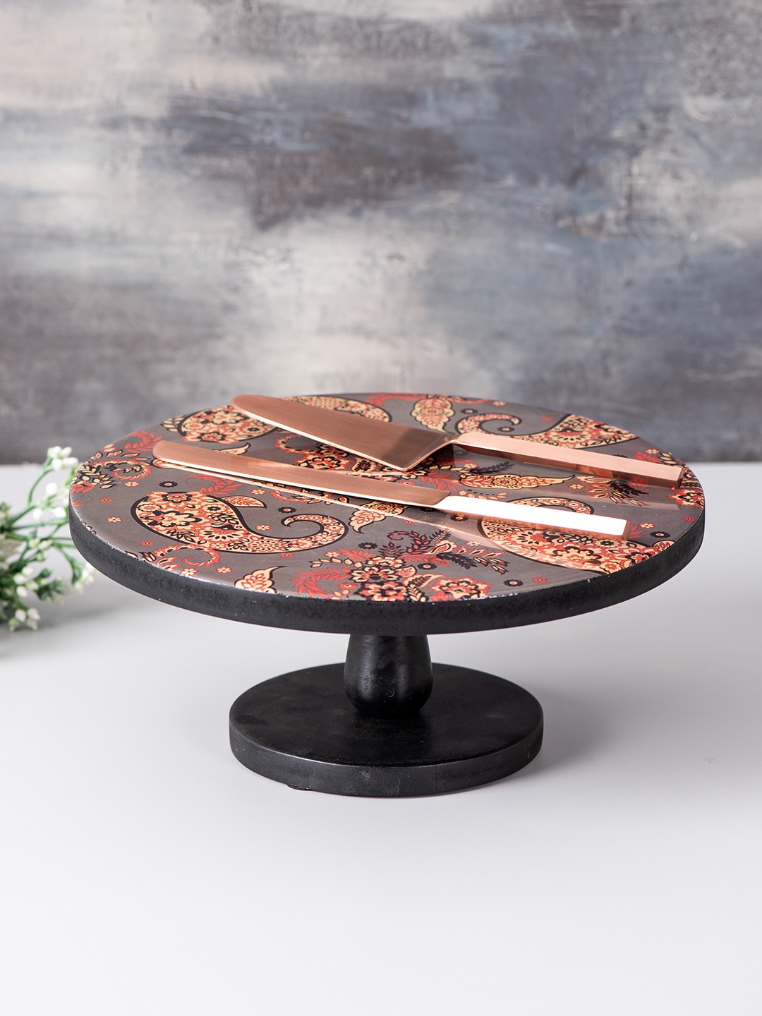 

nestroots Grey & Beige Printed MDF Cake Stand, Cake Server & Knife