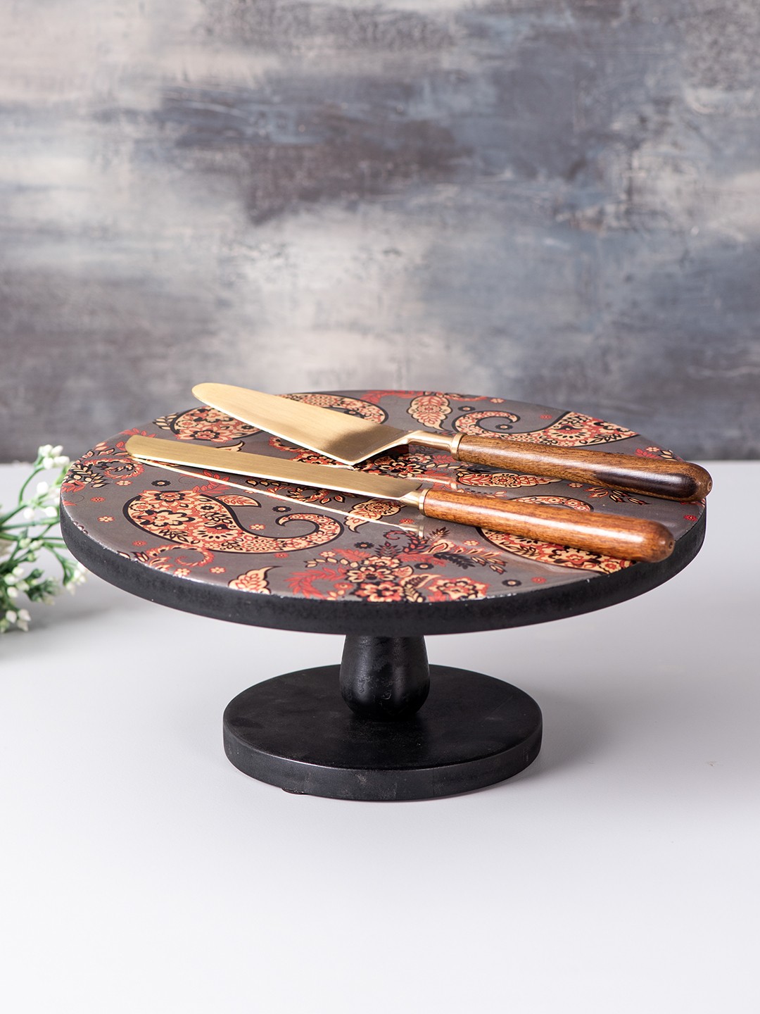 

nestroots Grey & Black Printed Handcrafted Wooden Cake Stand with 2 Knives & 1 Server