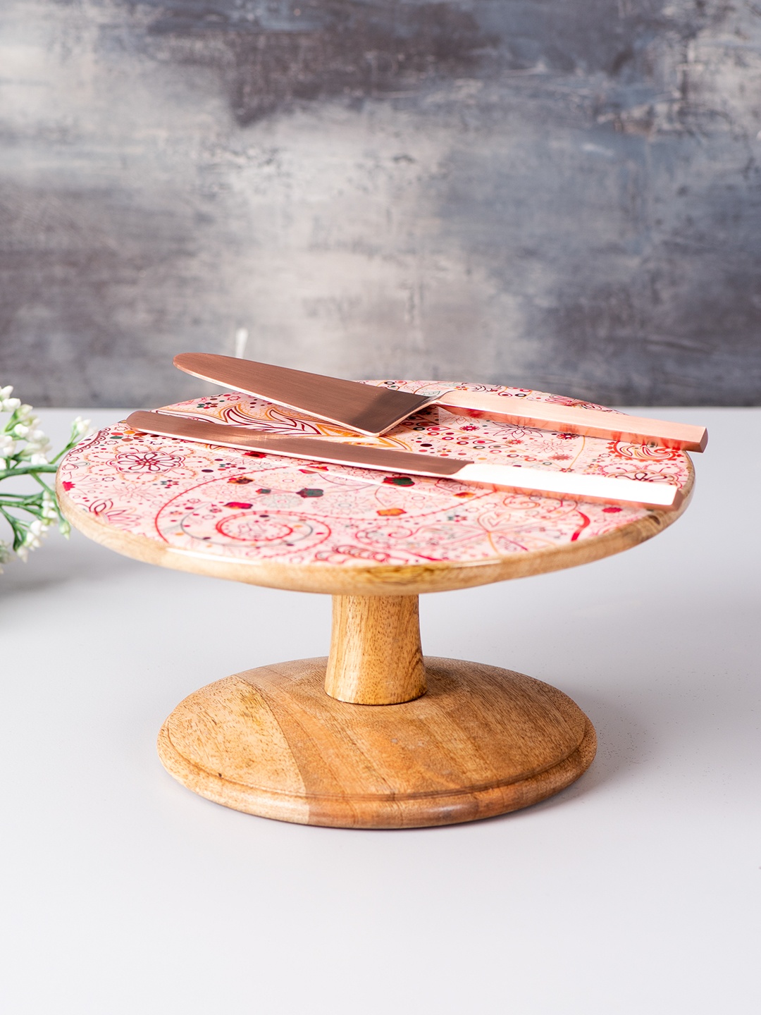 

nestroots Set of 3 Multicoloured Printed Teak Wood Cake Stand with Knife & Server, Multi