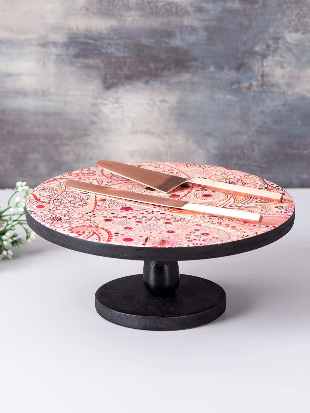 

nestroots Set of 3 Multicoloured Printed Cake Stand with Knife & Server, Multi