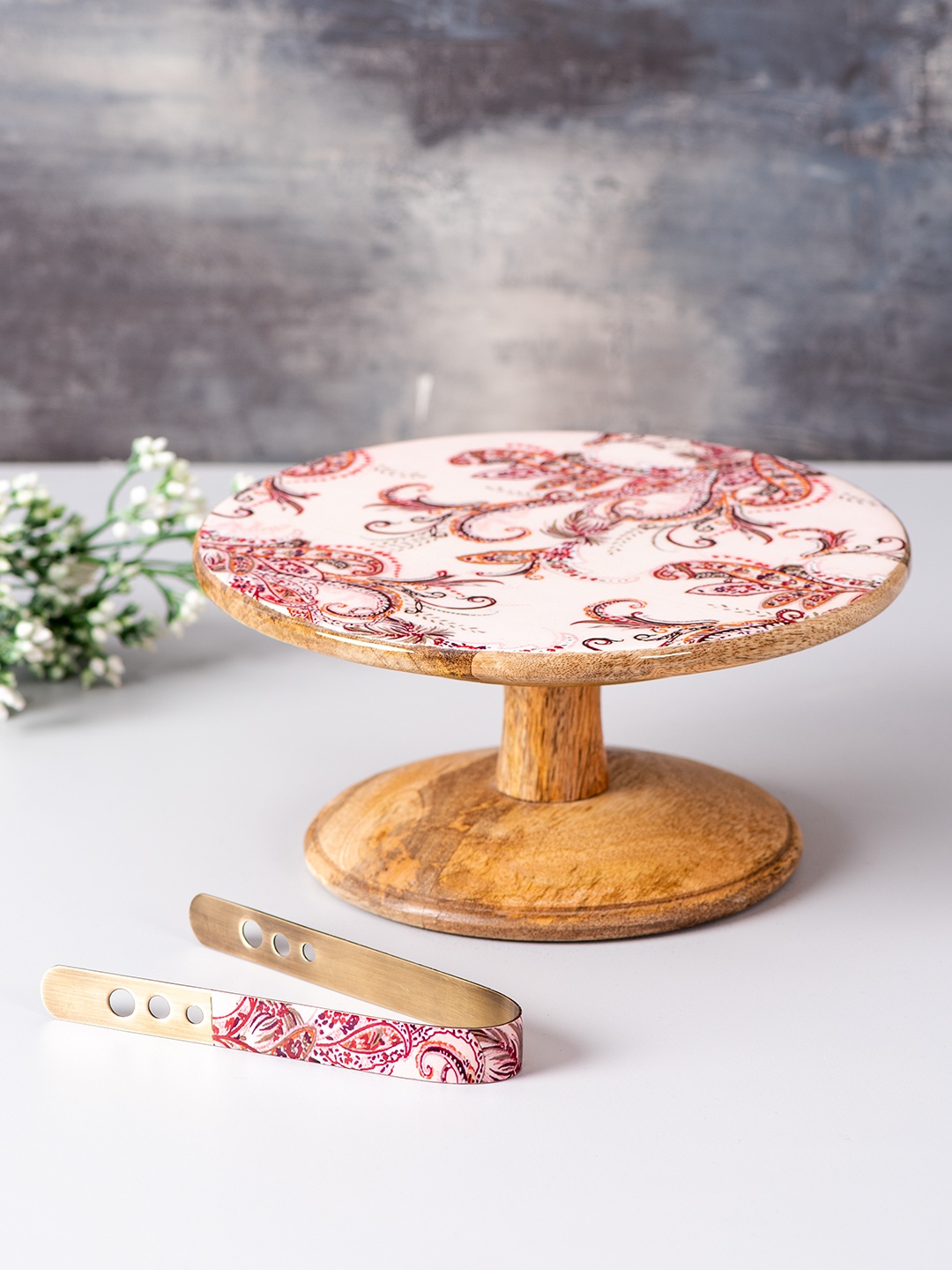 

nestroots White & Brown Printed Handcrafted Cake Stand With Tong