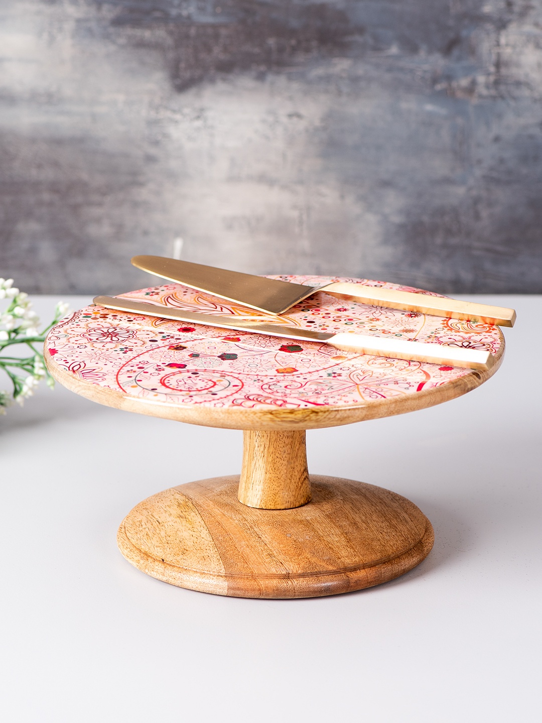 

nestroots Multicoloured Printed Mangoo Wood Cake Stand, Cake Server & Knife, Multi