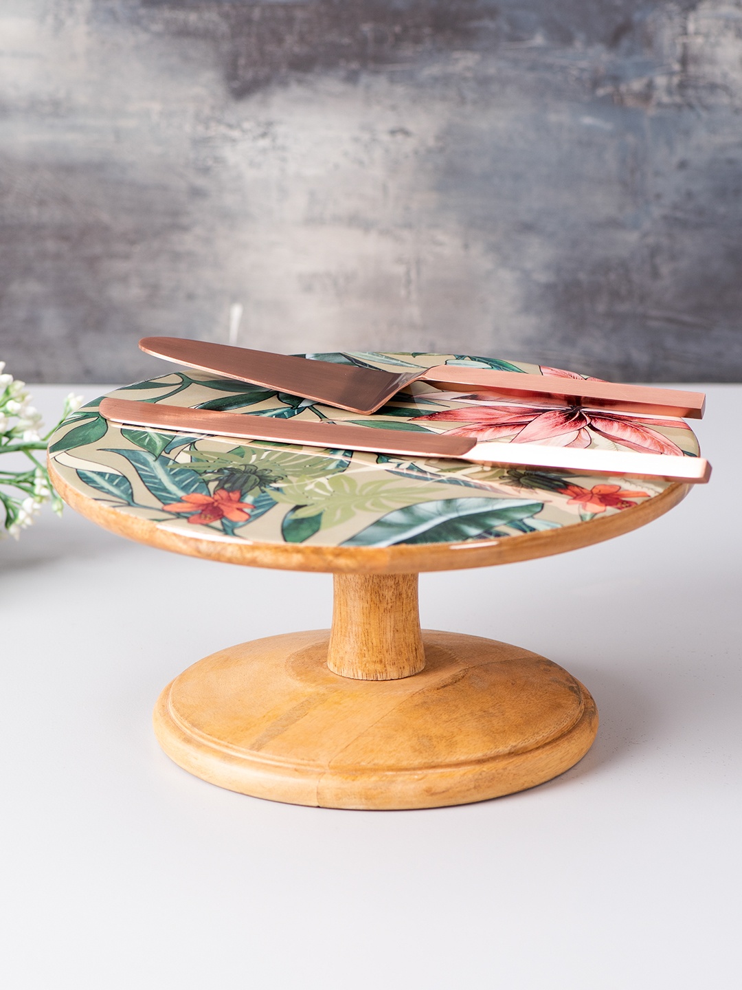 

nestroots Set of 3 Multicoloured Printed Cake Stand, Server & Knife, Multi
