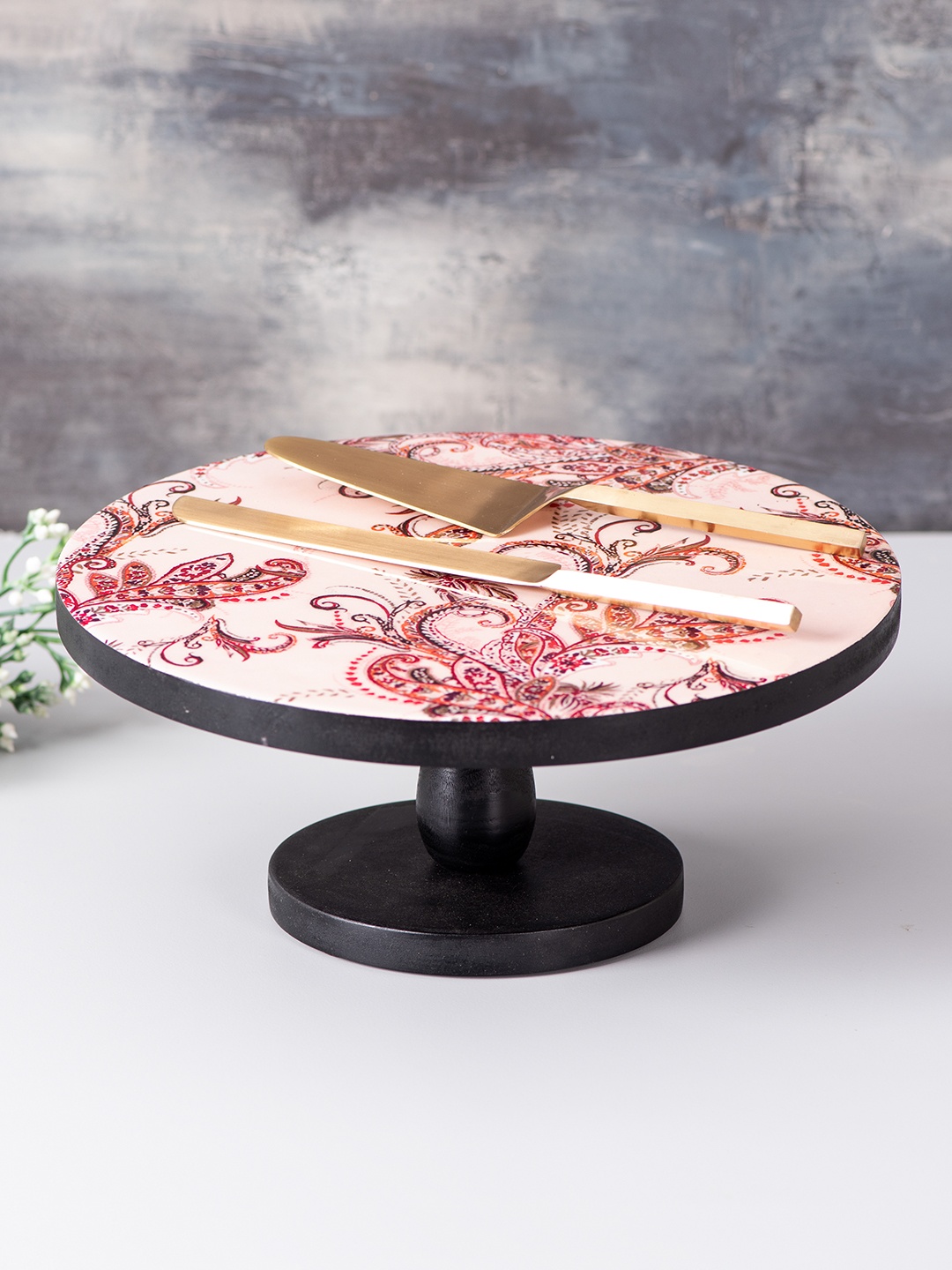 

nestroots Set of 3 Multicoloured Printed Cake Stand, Server & Knife, Multi