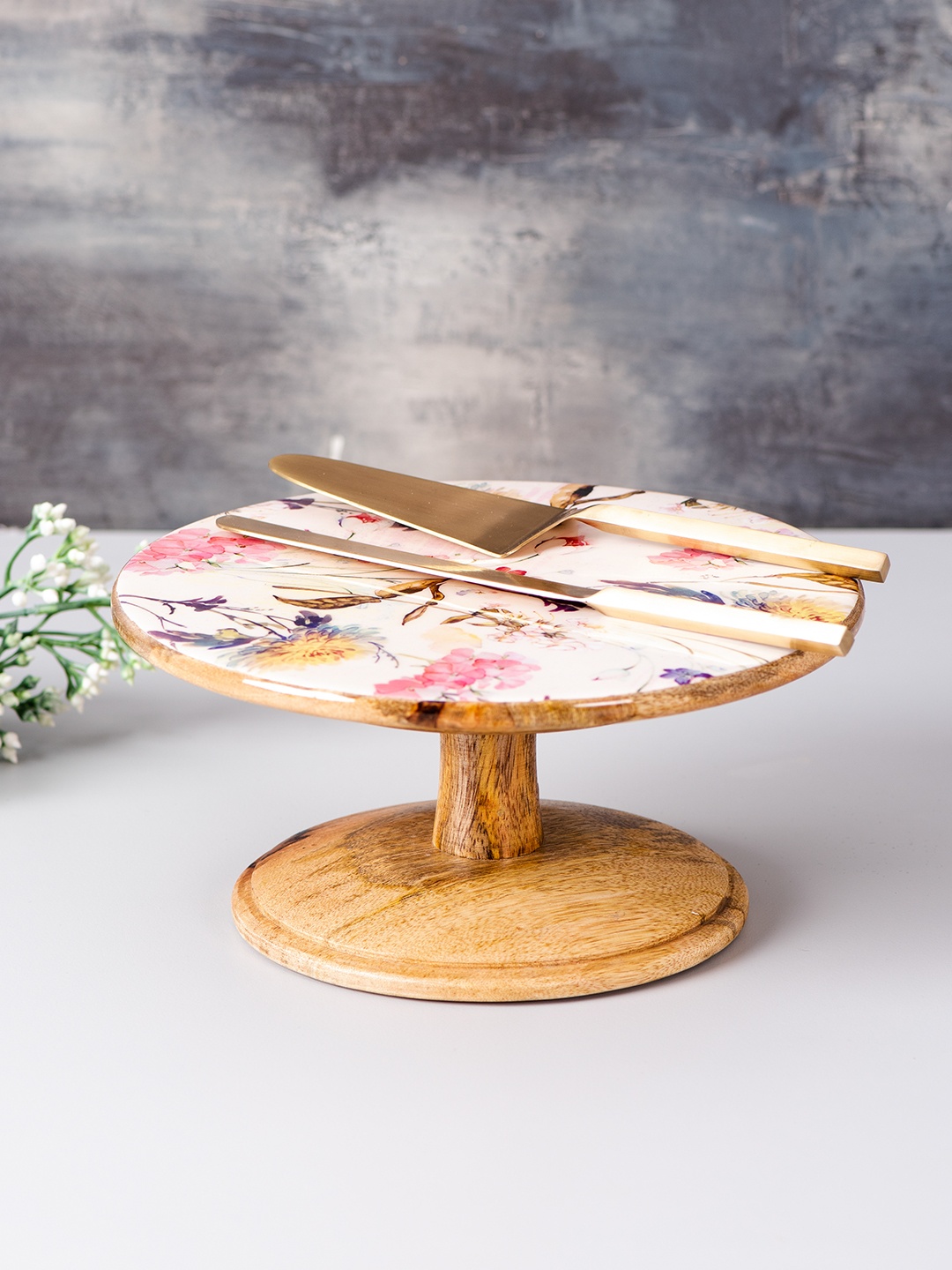 

nestroots Multicoloured Printed Teak Wood Cake Stand With Knife & Server, Multi