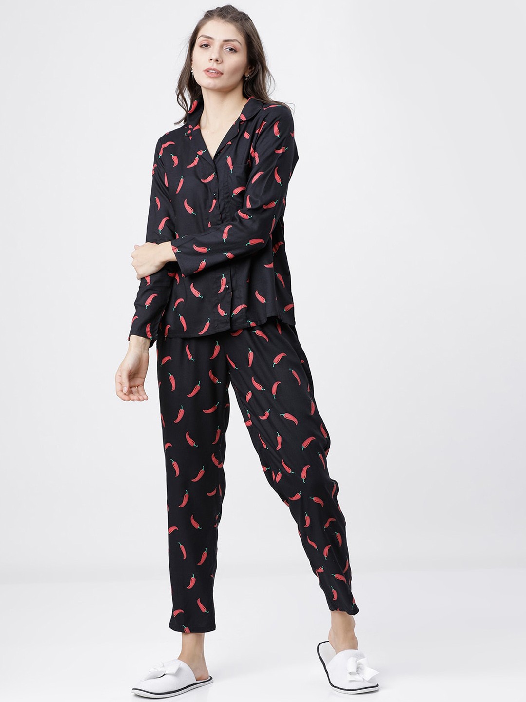 

Tokyo Talkies Women Black & Red Printed Shirt and Pyjamas