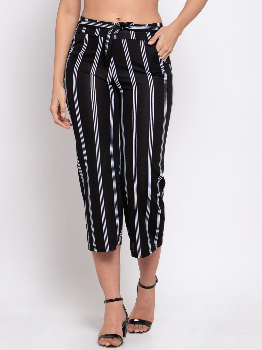 

KLOTTHE Women Black & White Striped Straight Palazzos