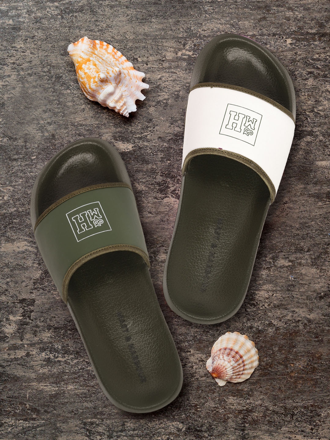 

Mast & Harbour Men Olive Green & Off White Brand Logo Printed Sliders