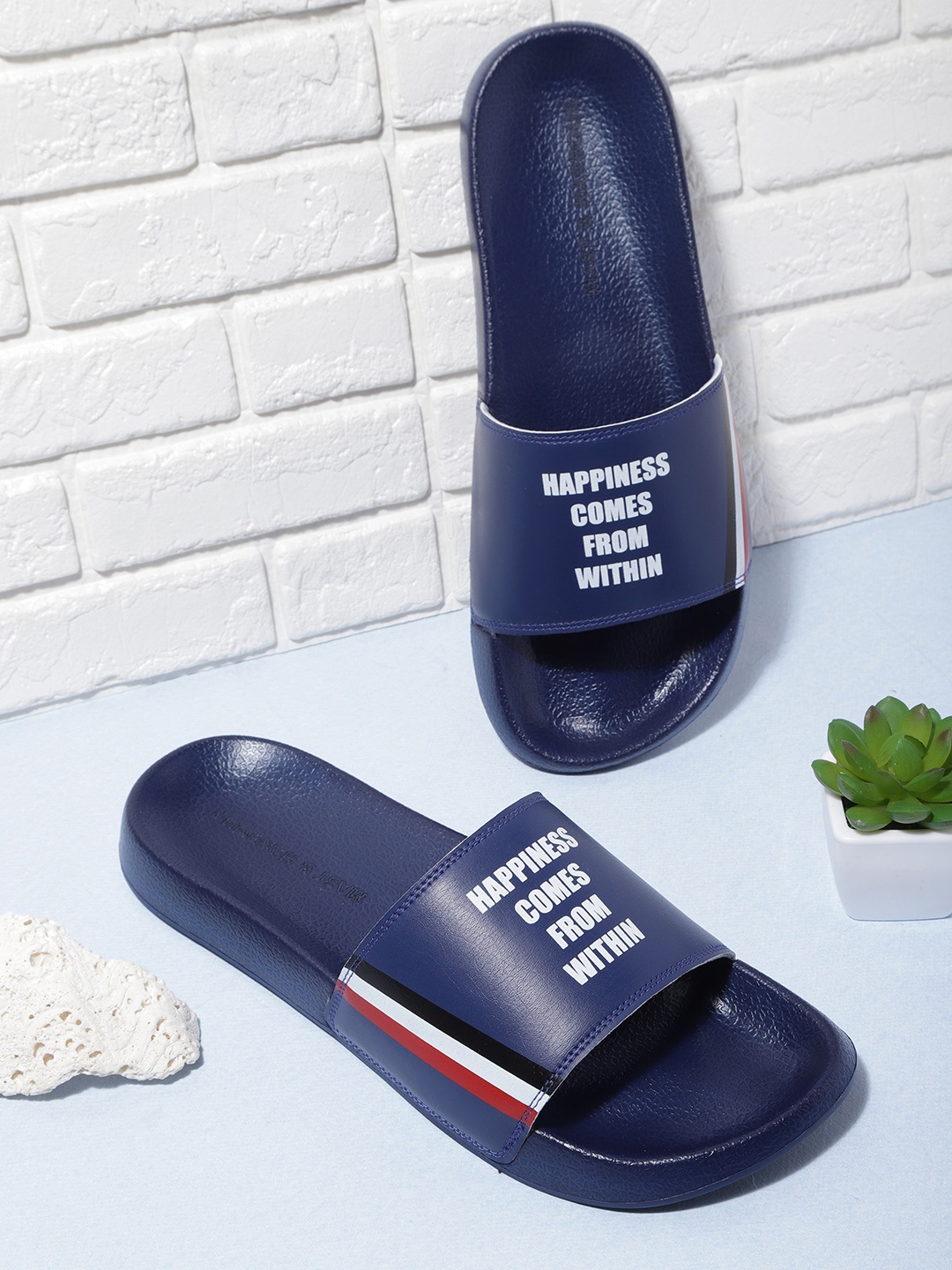 

Mast & Harbour Men Navy Blue & White Printed Sliders