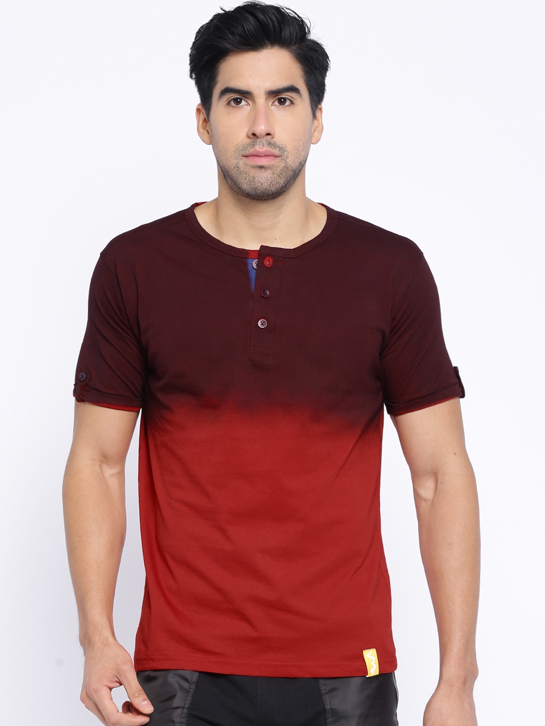 

Campus Sutra Maroon Red Ombre-Dyed Henley Pure Cotton T-shirt