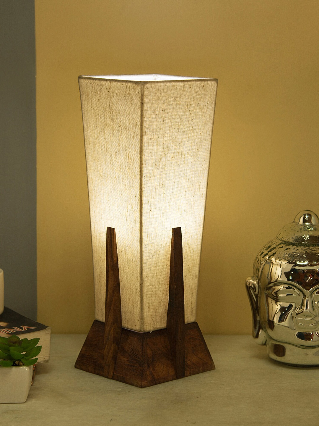 

Homesake Brown & Off-White Solid Contemporary Column Bedside Smart Lamp with Shade