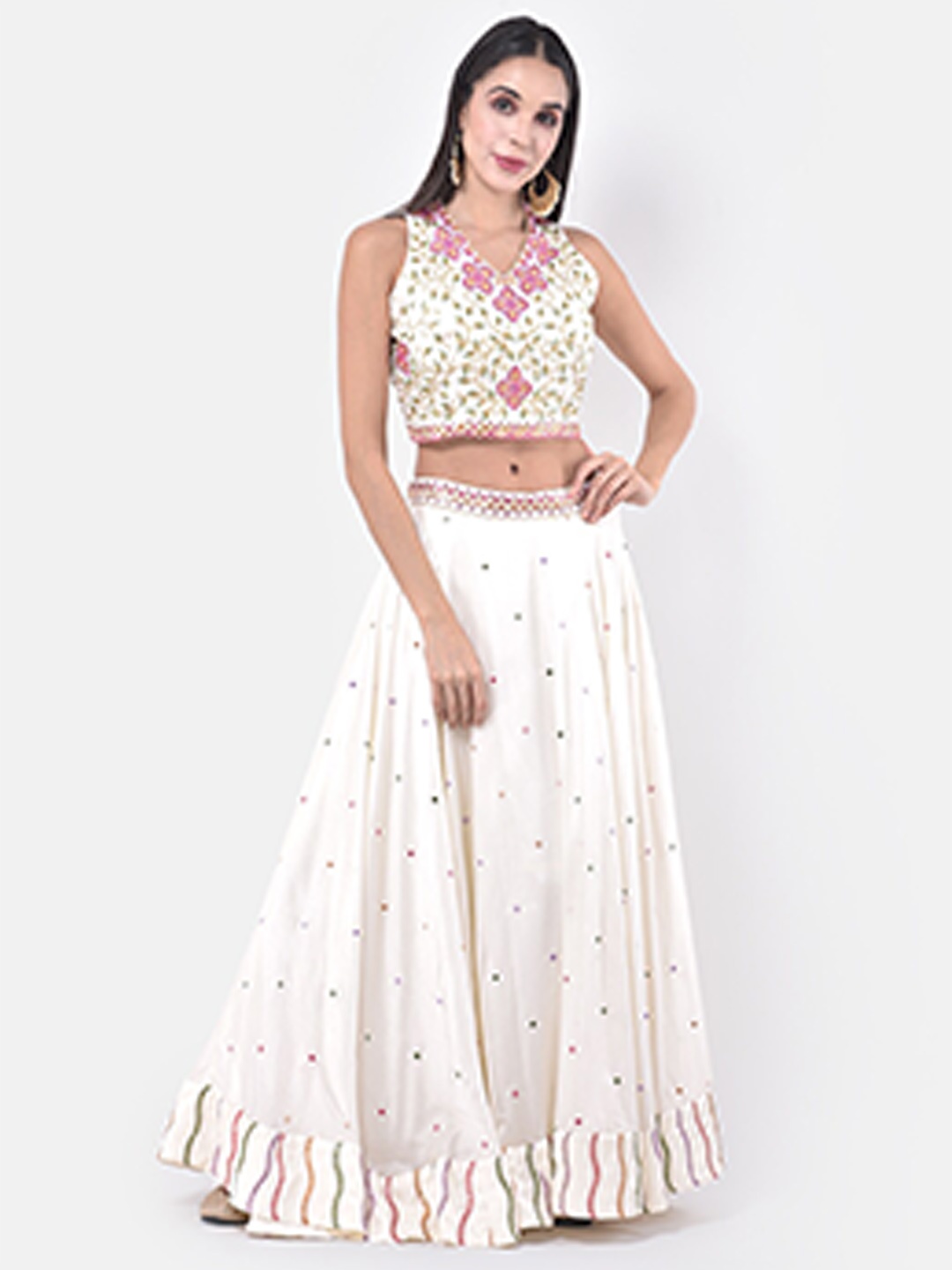 

Neerus Cream-Coloured & Pink Embroidered Ready to Wear Lehenga & Blouse with Dupatta