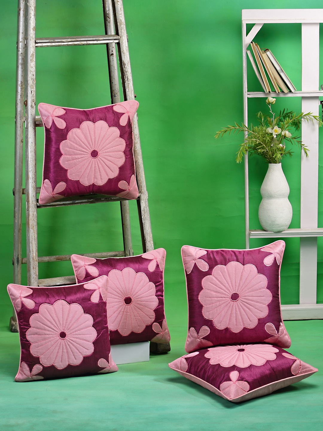 

DREAM WEAVERZ Magenta & Pink Set of 5 Embroidered Square Silk Cushion Covers, Maroon
