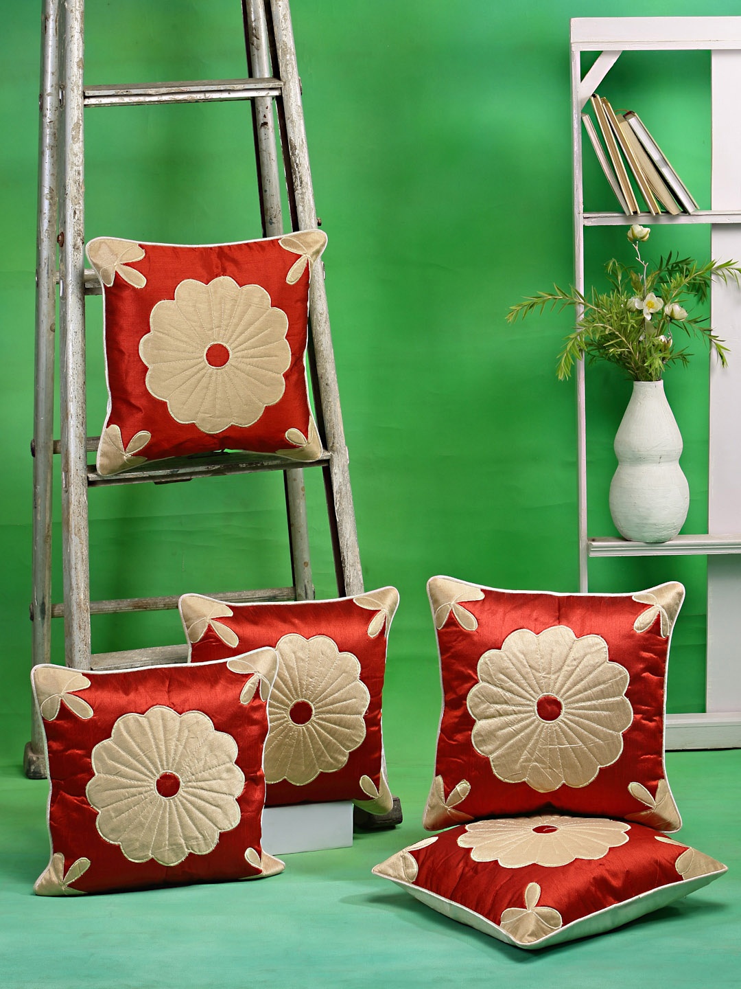 

DREAM WEAVERZ Cream-Coloured & Red Set of 5 Embroidered Square Cushion Covers